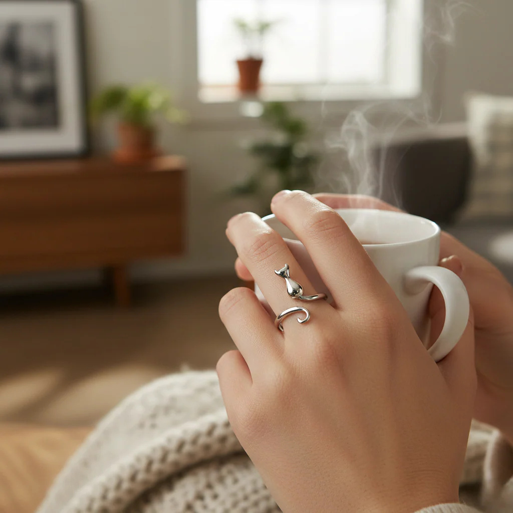 Mina – Anillo Ajustable de Gato Minimalista en Plata