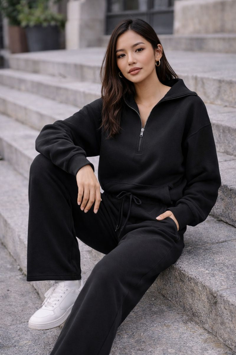 Chloe - Conjunto 2 piezas sudadera media cremallera y pantalón wide leg