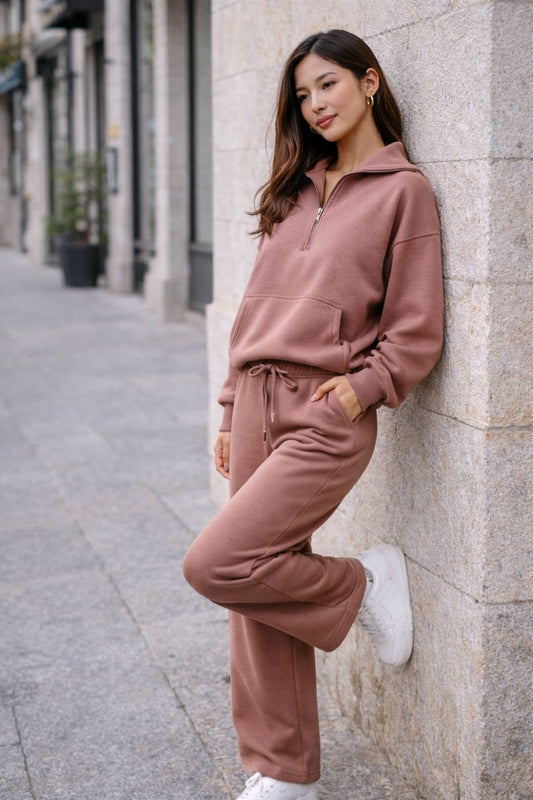 Chloe - Conjunto 2 piezas sudadera media cremallera y pantalón wide leg