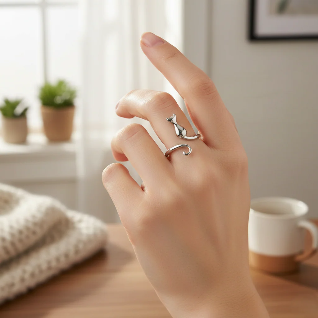 Mina – Anillo Ajustable de Gato Minimalista en Plata